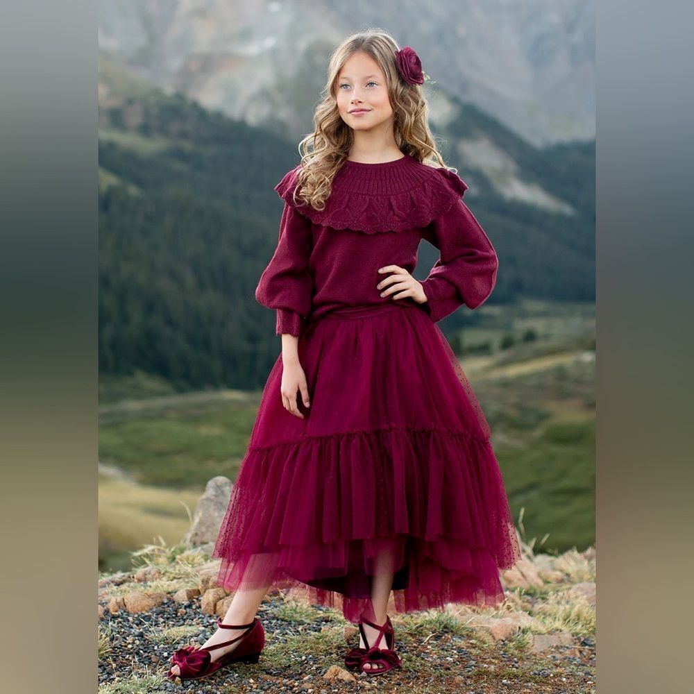 Joyfolie Brigitte Tulle Polka Dot Tiered Skirt Size Girls 8 Burgundy NEW NWT